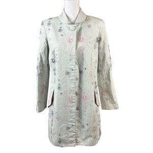 Gene Meyer Coat Jacket Size 8 Light Gray Floral Print Lightweight Lined Pockets